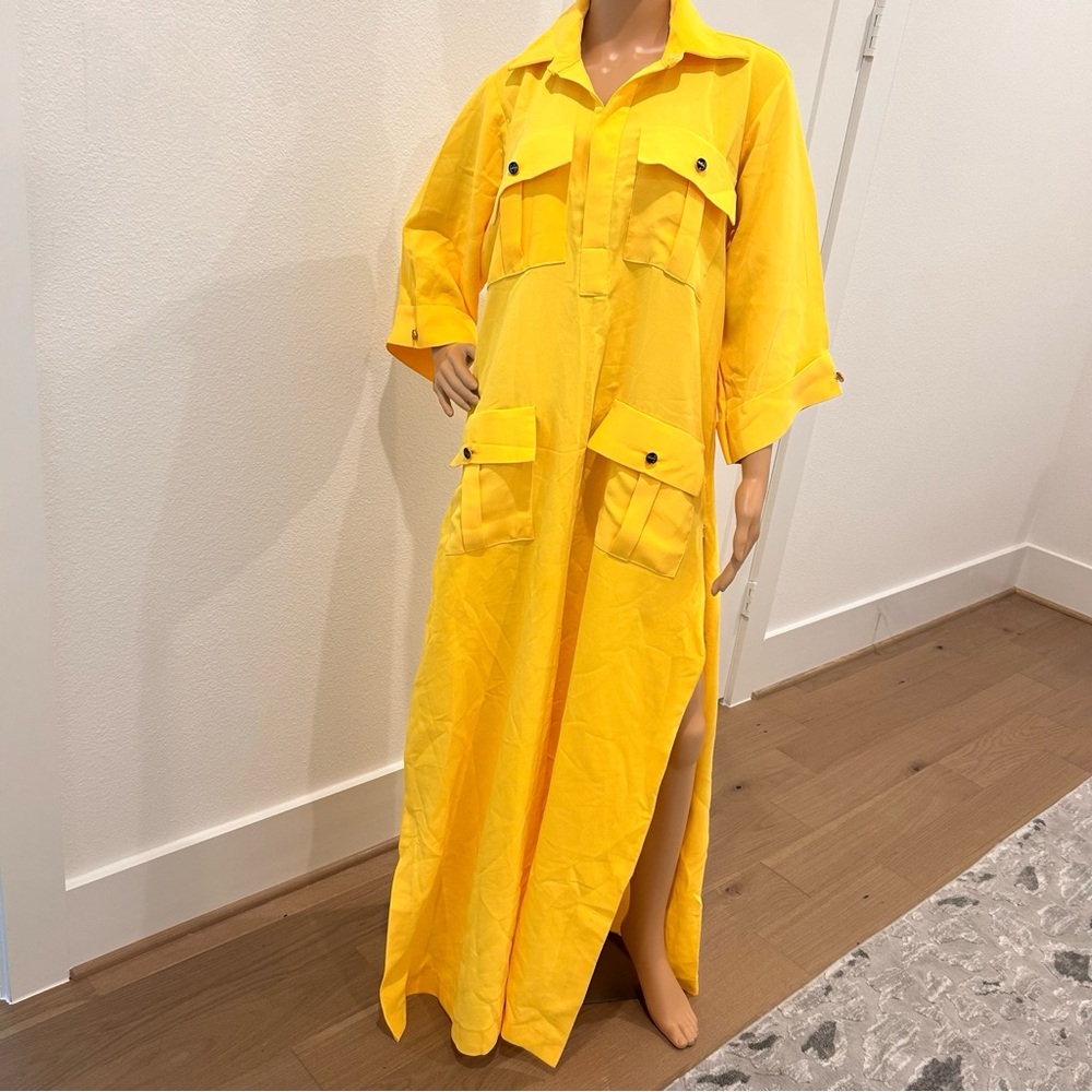 Bright Yellow Maxi Dress with Pockets & Side Zippers. New